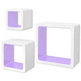 3 White-purple MDF Floating Wall Display Shelf Cubes Book/DVD Storage - Front View