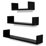 3 Black MDF U-shaped Floating Wall Display Shelves Book/DVD Storage - Front View