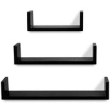 3 Black MDF U-shaped Floating Wall Display Shelves Book/DVD Storage - Side View