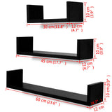3 Black MDF U-shaped Floating Wall Display Shelves Book/DVD Storage - 45-Degree Angle