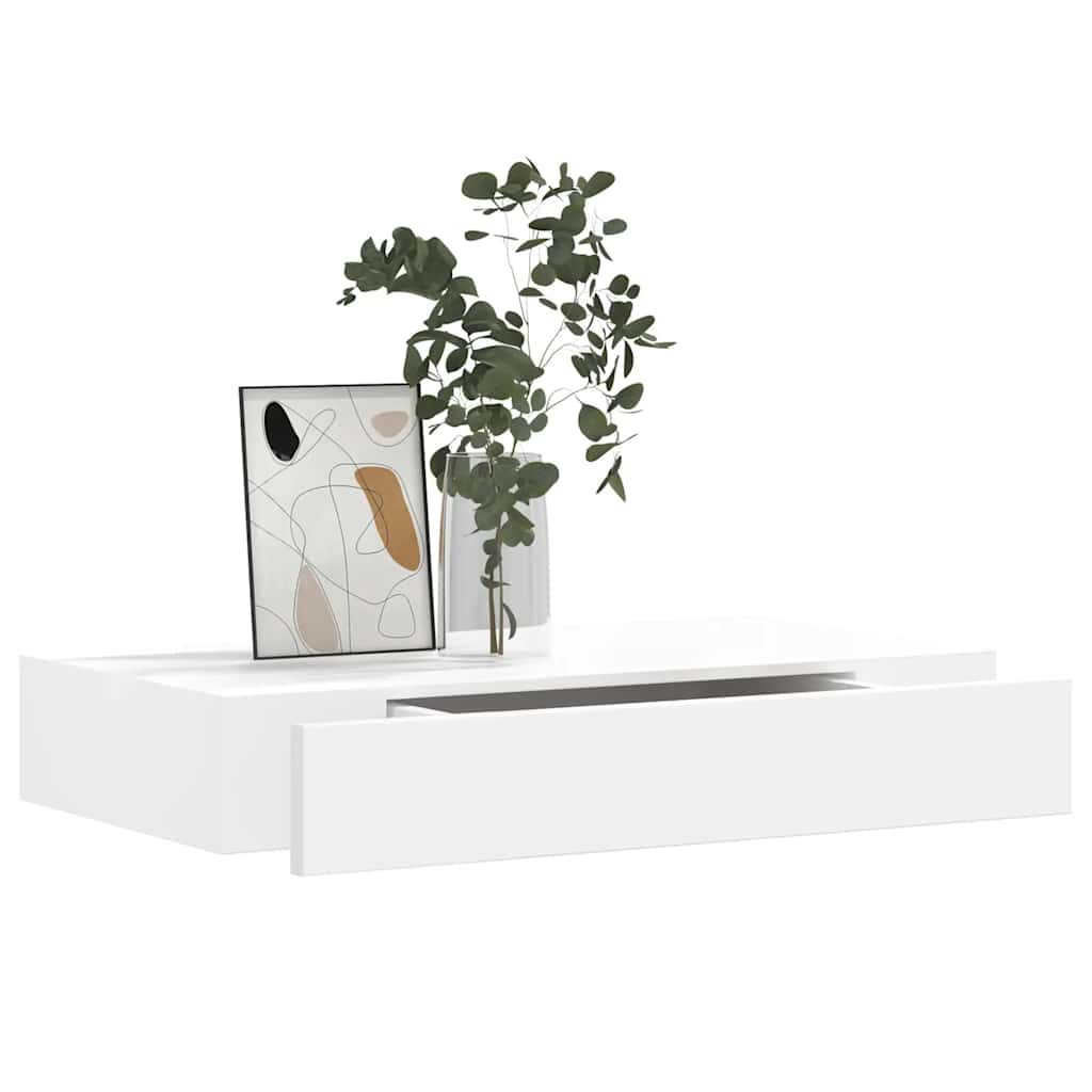 White MDF Floating Wall Display Shelf 1 Drawer Book/DVD Storage
