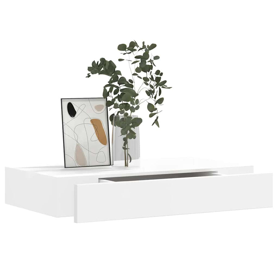 White MDF Floating Wall Display Shelf 1 Drawer Book/DVD Storage