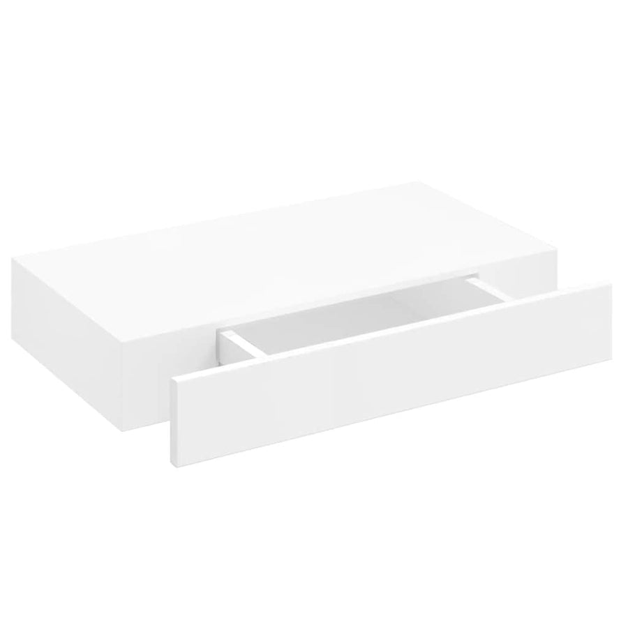 White MDF Floating Wall Display Shelf 1 Drawer Book/DVD Storage