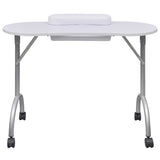 Folding Manicure Nail Table with Castors White - Front View