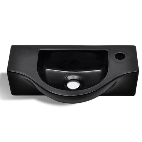 Black ceramic bathroom sink basin with faucet hole, wall hung, high gloss ceramic finish