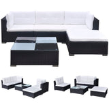 5 Piece Garden Lounge Set with Cushions Poly Rattan Black - Front View