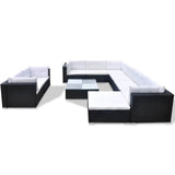 10 Piece Garden Lounge Set with Cushions Poly Rattan Black - Front View