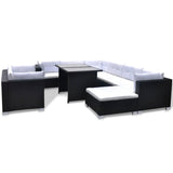 10 Piece Garden Lounge Set with Cushions Poly Rattan Black - Front View