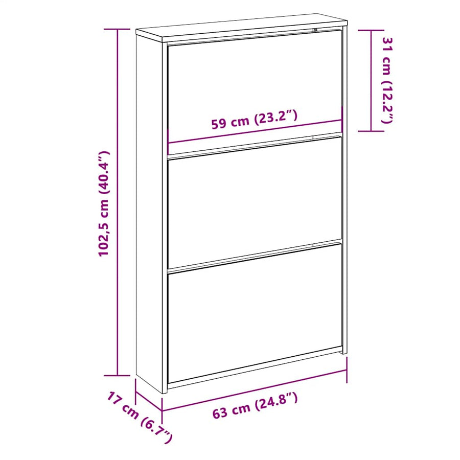 Shoe Cabinet 3-Layer Mirror Oak 63x17x102.5 cm