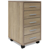 Office Drawer Unit with Castors 5 Drawers Oak - Front View