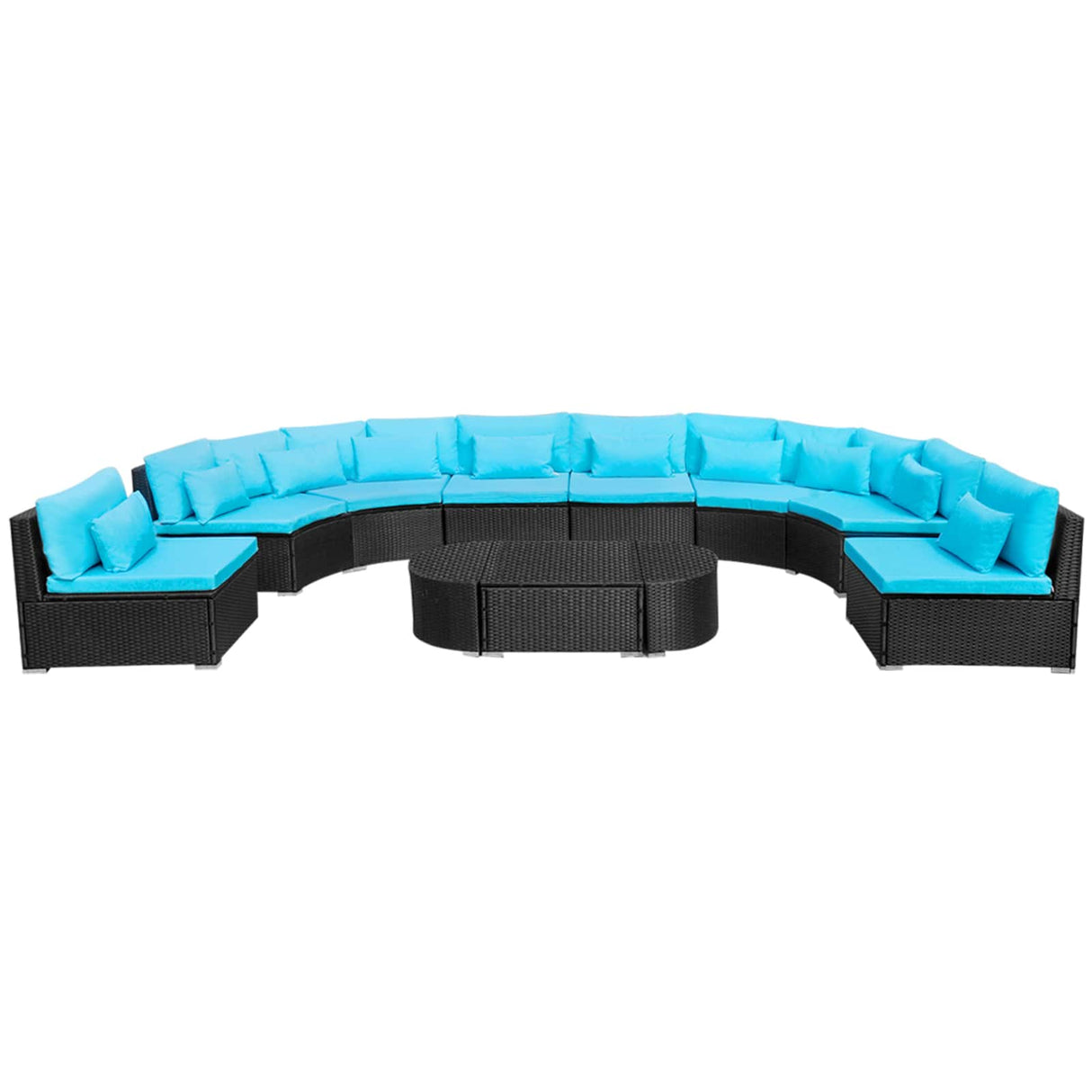 Round Sofa Set 11 pcs Blue Poly Rattan