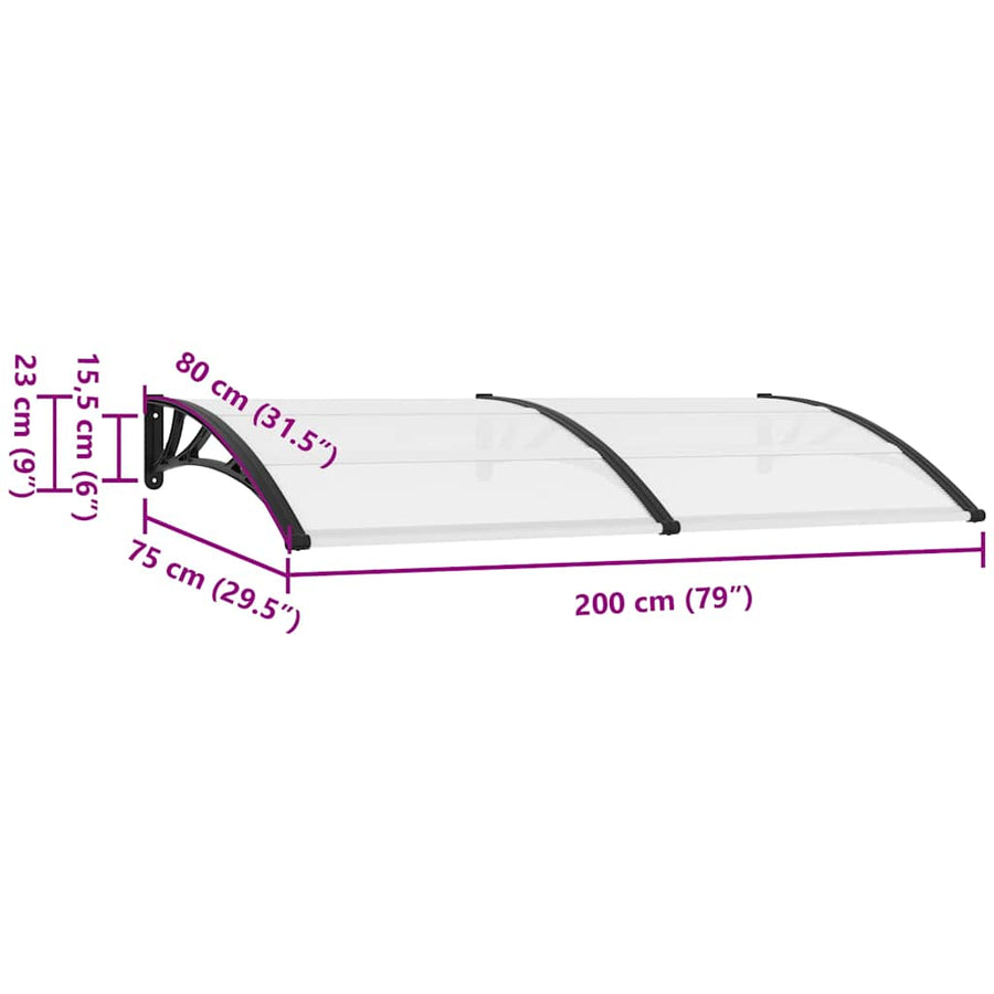 Door Canopy Black and Transparent 200x75 cm PC