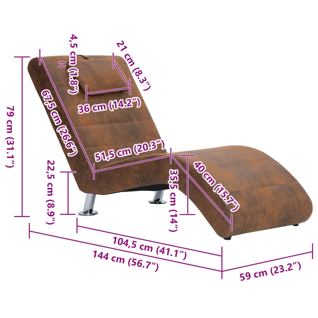 Chaise Longue with Pillow Brown Faux Suede Leather