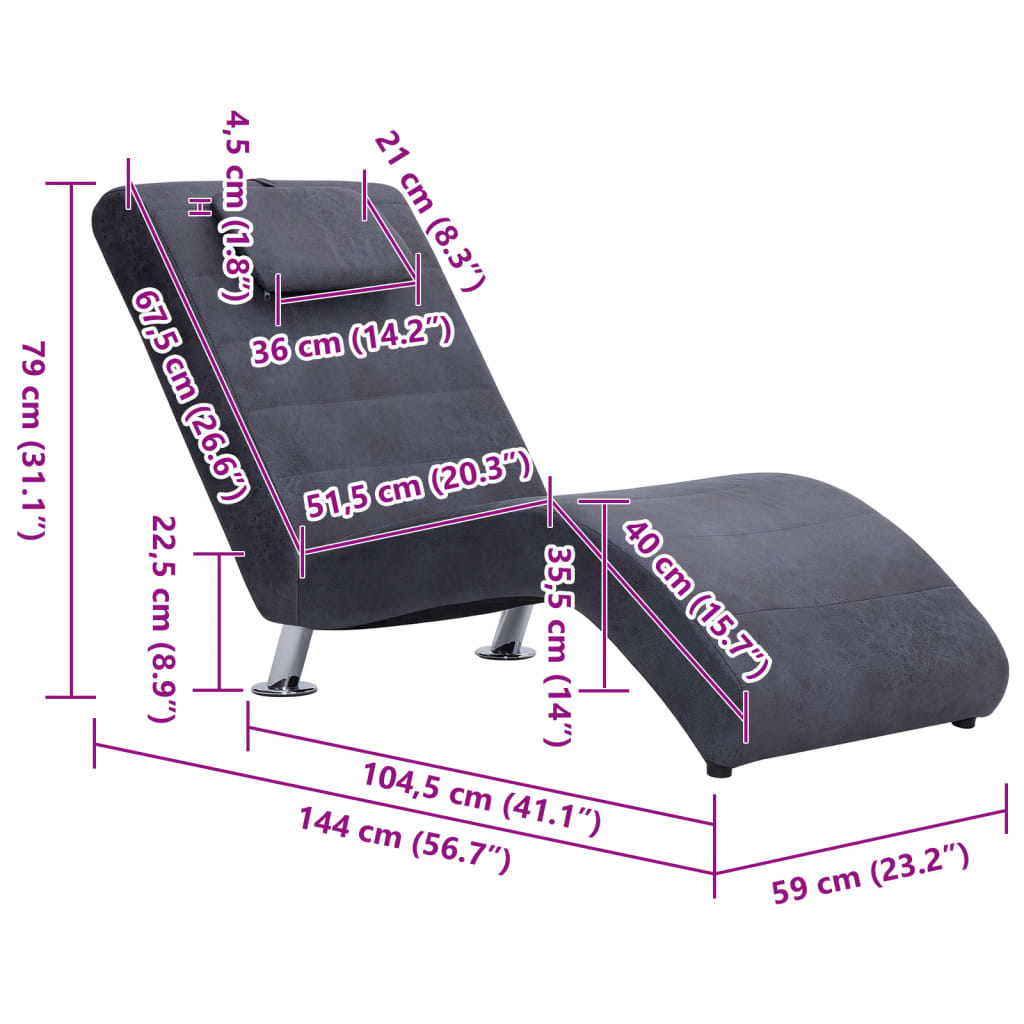 Chaise Longue with Pillow Grey Faux Suede Leather