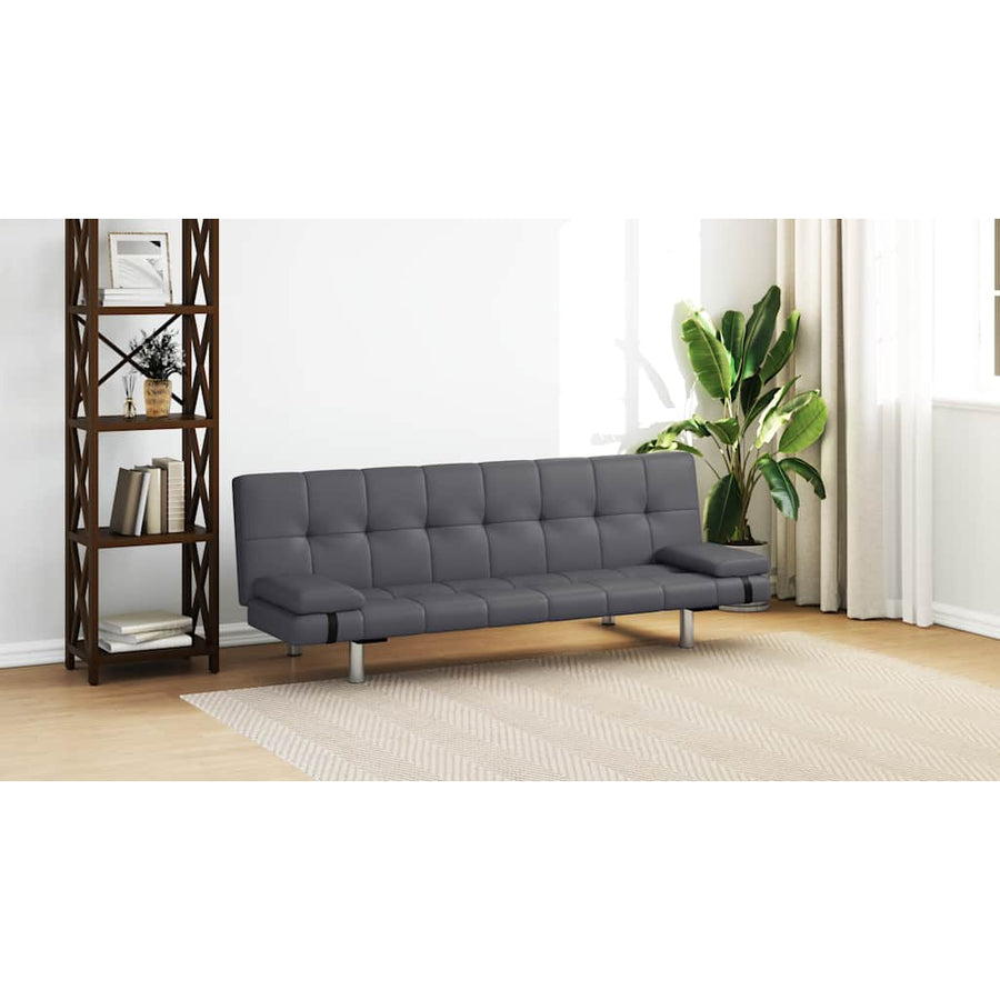 Sofa Bed with Two Pillows Grey Faux Leather