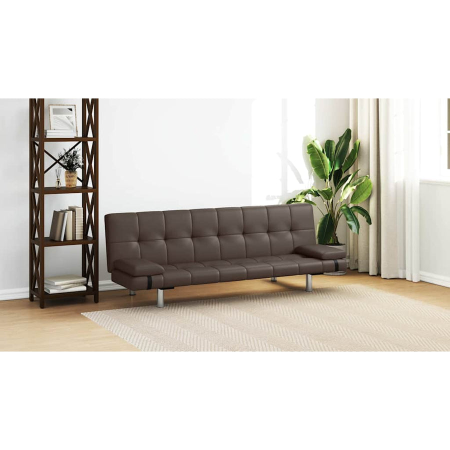 Sofa Bed with Two Pillows Brown Faux Leather