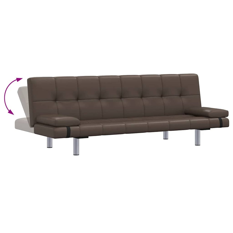 Sofa Bed with Two Pillows Brown Faux Leather
