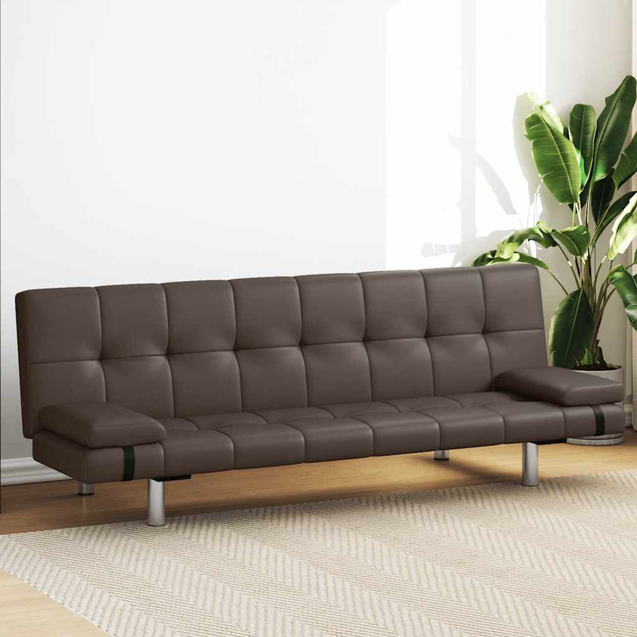Sofa Bed with Two Pillows Brown Faux Leather