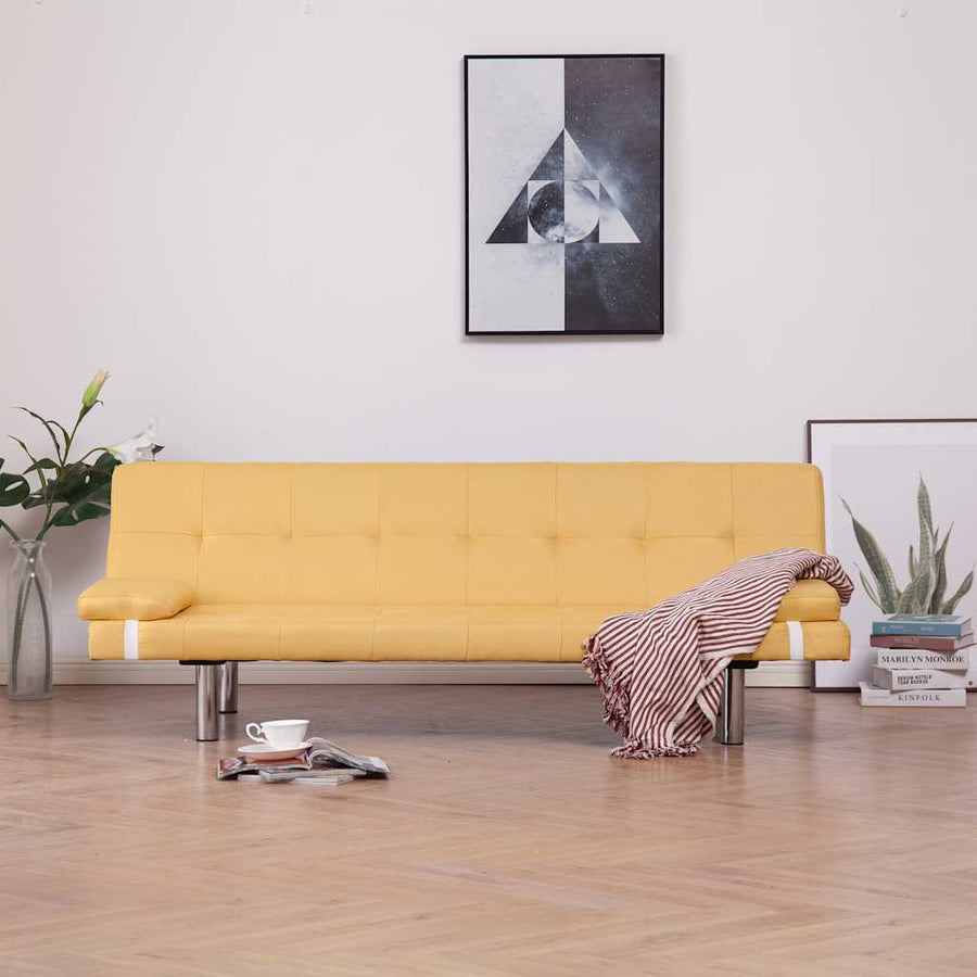 Sofa Bed with Two Pillows Yellow Polyester
