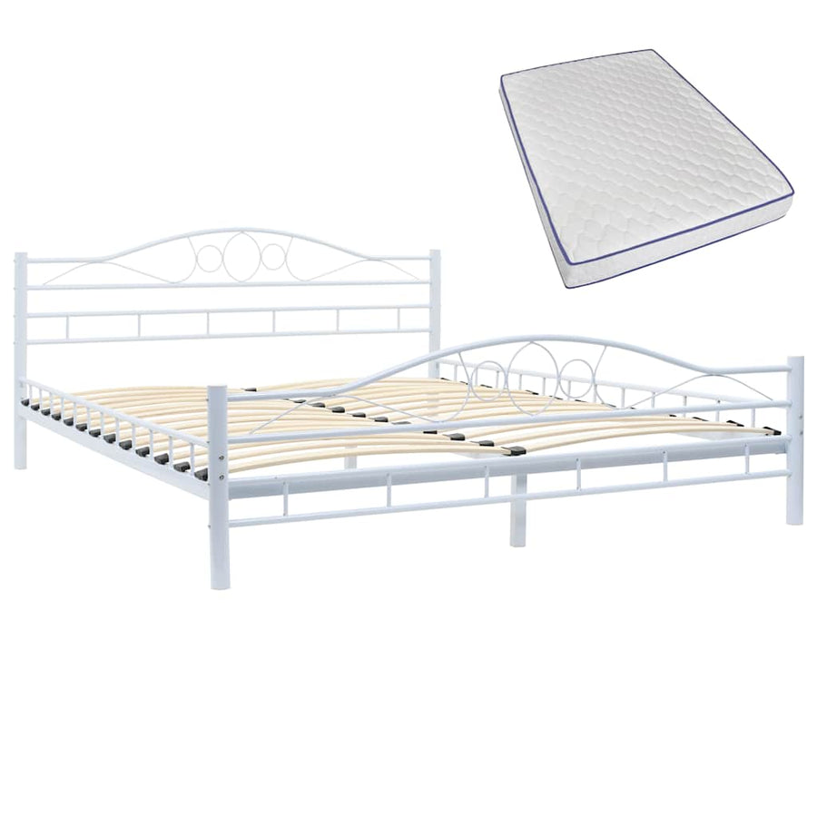 Bed with Memory Foam Mattress White Metal 153x203 cm Queen