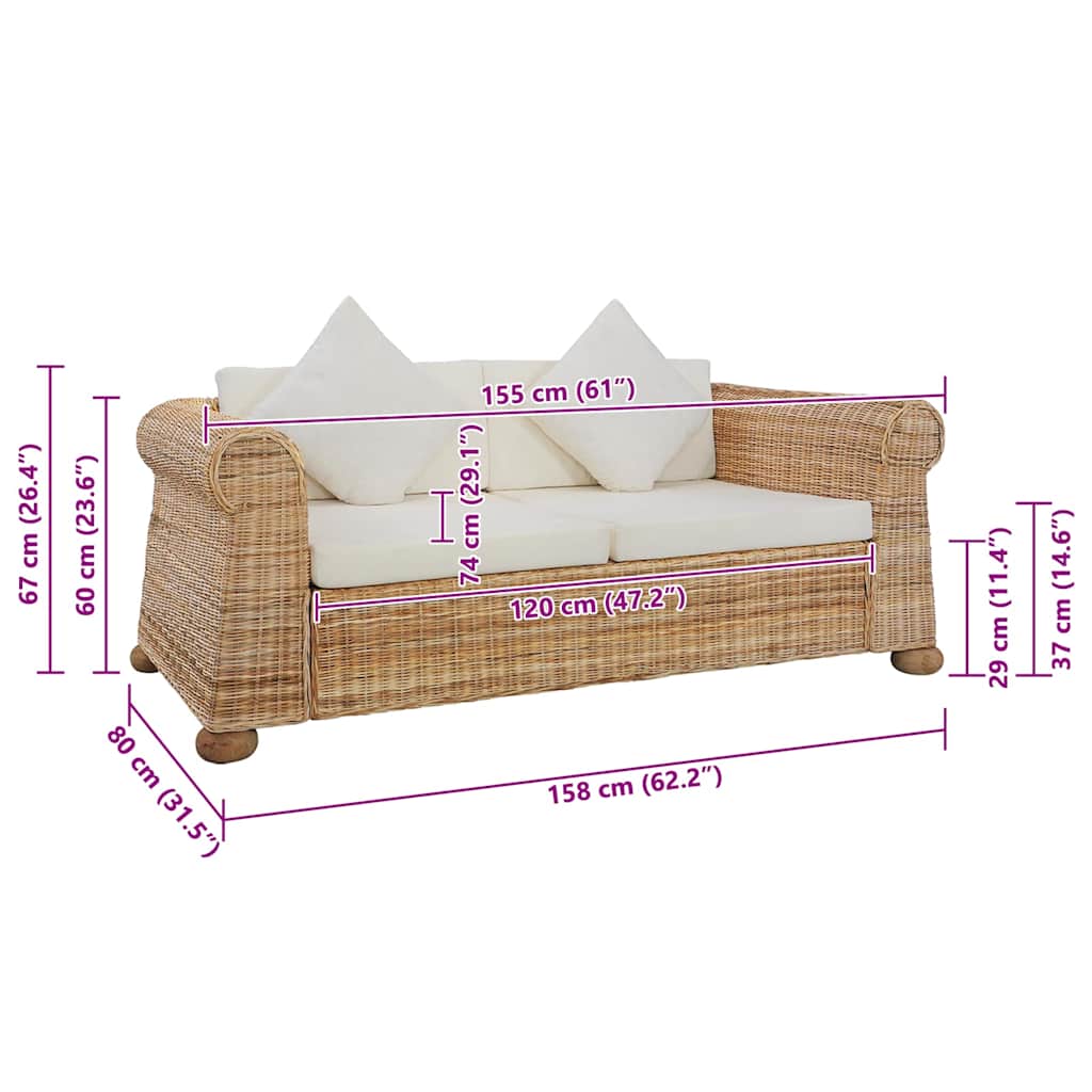 2-Seater Sofa with Cushions Natural Rattan