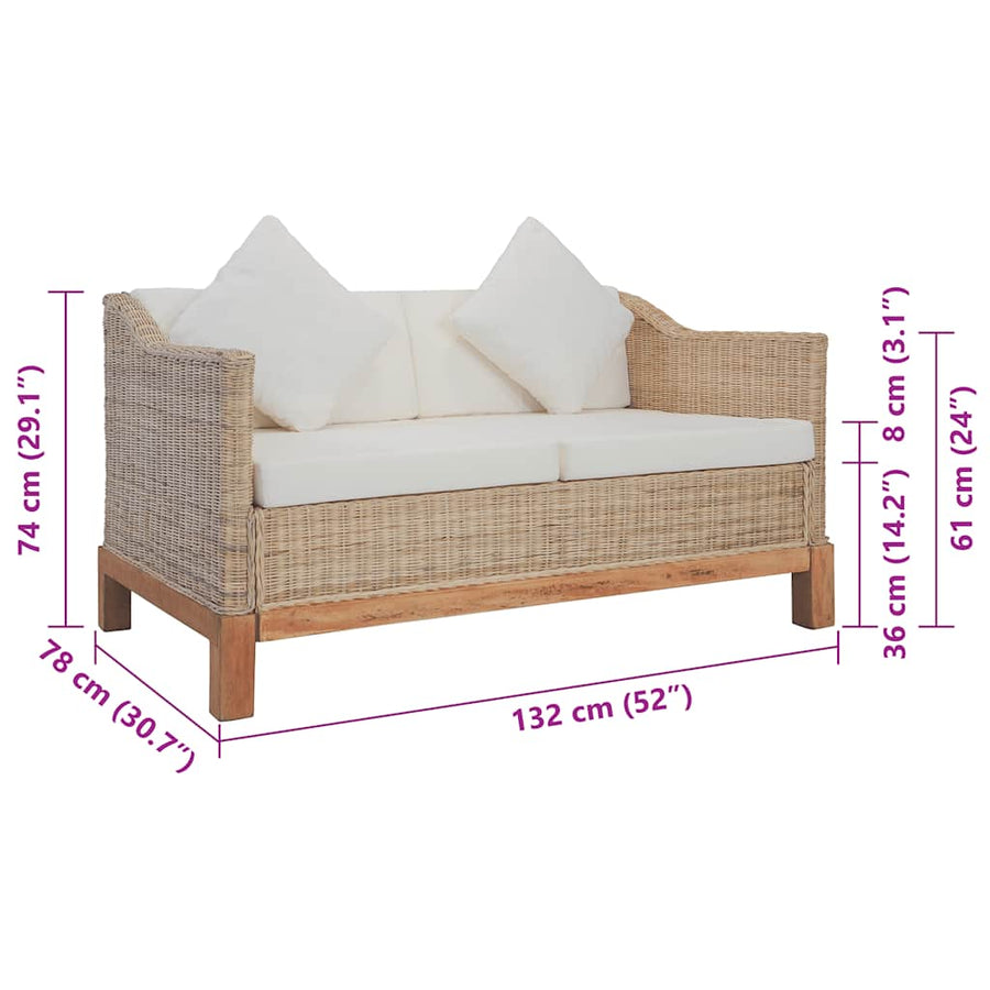 2-Seater Sofa with Cushions Natural Rattan