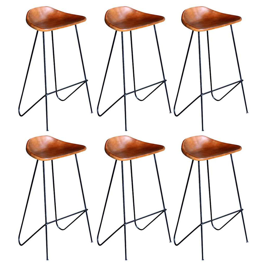 Bar Stools 6 pcs Brown Real Leather