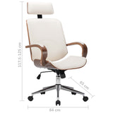 Swivel Office Chair with Headrest Cream Faux Leather and Bentwood - Close-Up Angle
