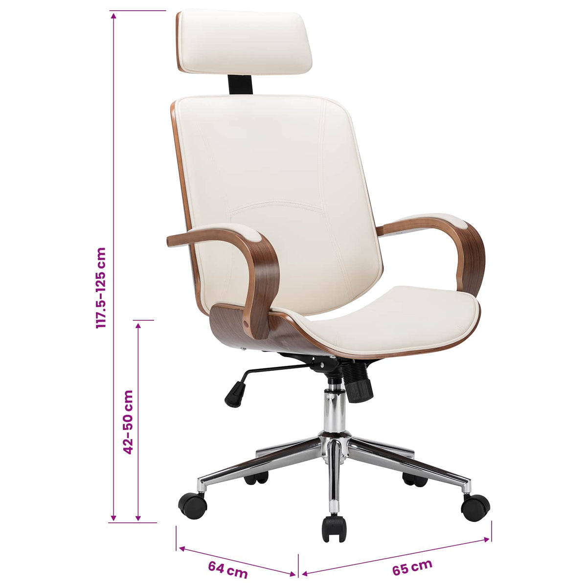 Swivel Office Chair with Headrest Cream Faux Leather and Bentwood