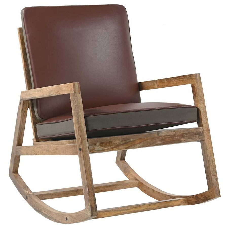 Rocking Chair Brown Real Leather and Solid Mango Wood