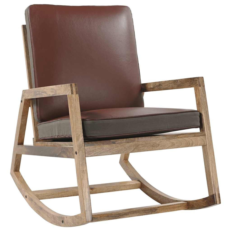 Rocking Chair Brown Real Leather and Solid Mango Wood