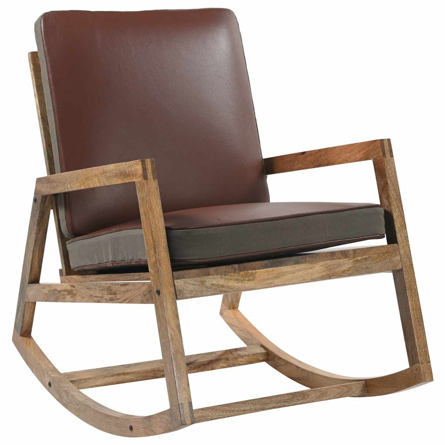 Rocking Chair Brown Real Leather and Solid Mango Wood