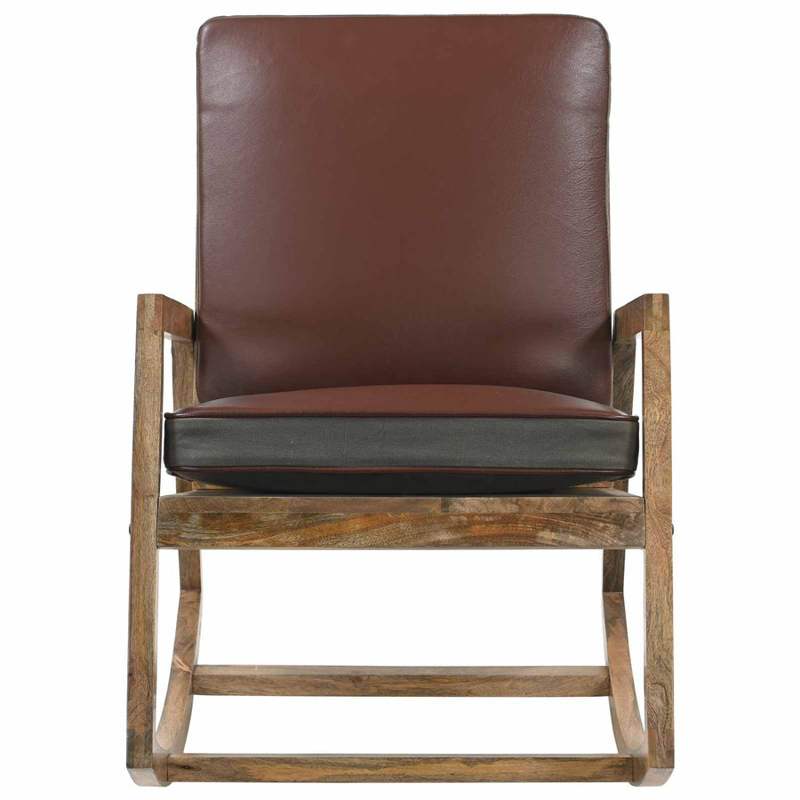 Rocking Chair Brown Real Leather and Solid Mango Wood