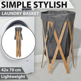 Folding Laundry Basket Grey Wood and Fabric - Low Angle