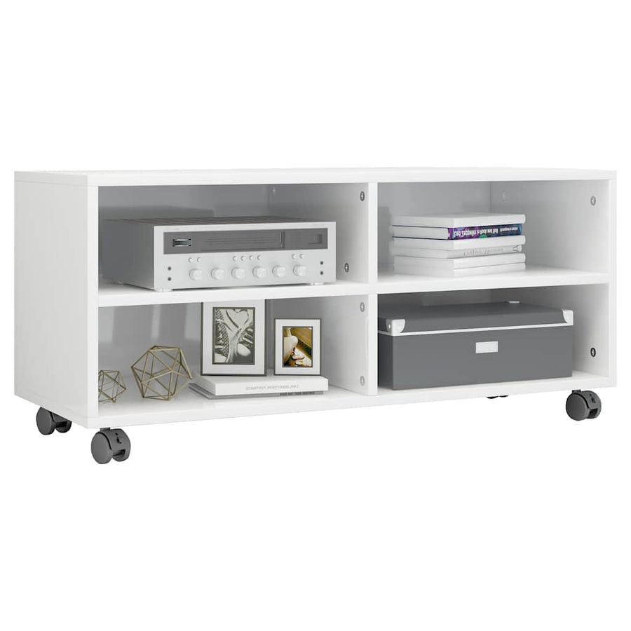 TV Cabinet with Castors High Gloss White 90x35x35 cm Engineered Wood