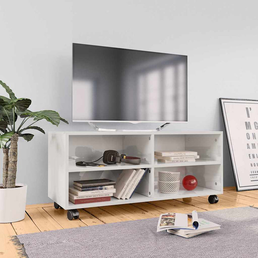 TV Cabinet with Castors High Gloss White 90x35x35 cm Engineered Wood