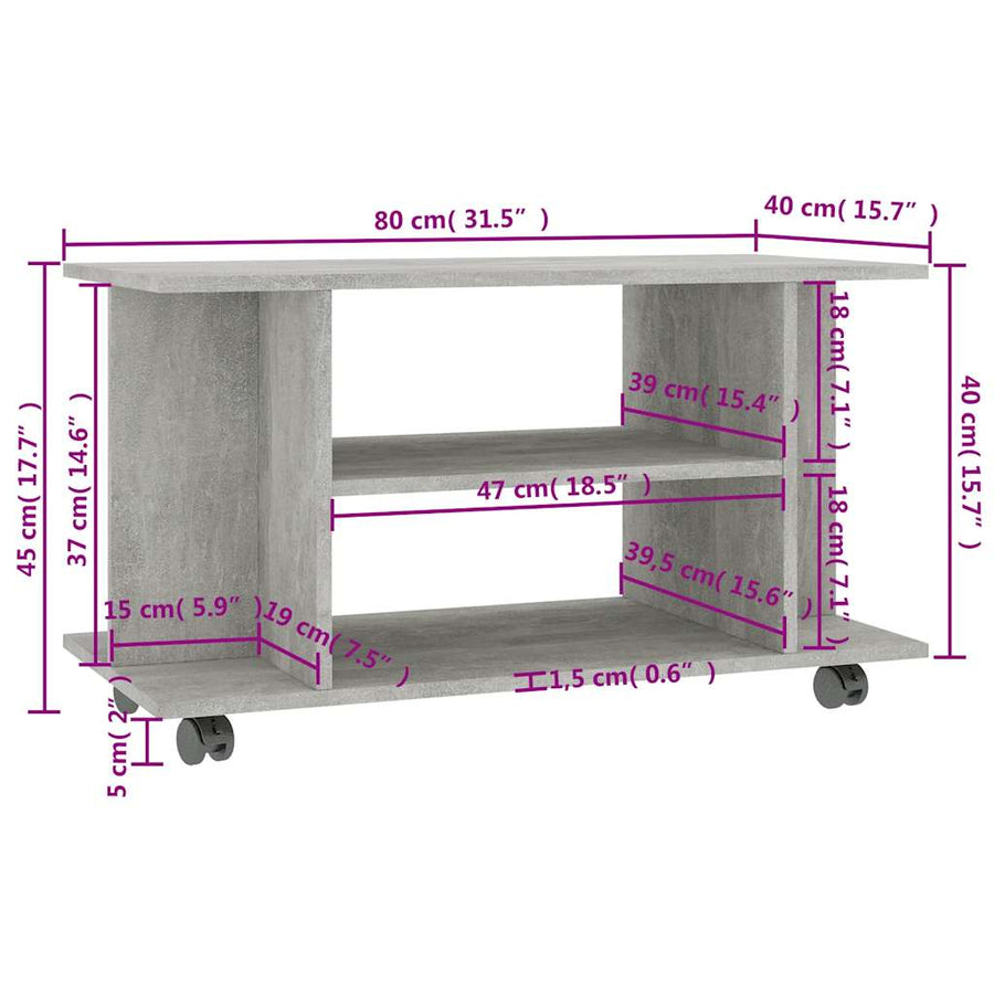 TV Cabinet with Castors Concrete Grey 80x40x45 cm