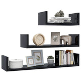 Wall Display Shelf 3 pcs High Gloss Black Engineered Wood - Side View