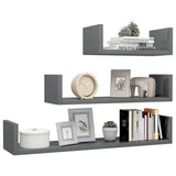 Wall Display Shelf 3 pcs High Gloss Grey Engineered Wood - Side View
