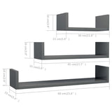 Wall Display Shelf 3 pcs High Gloss Grey Engineered Wood - Rear View