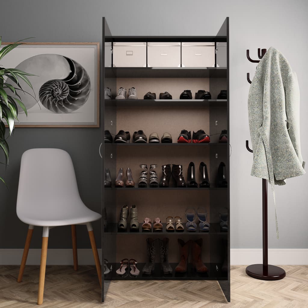 Shoe Cabinet High Gloss Black 80x35.5x180 cm Engineered Wood