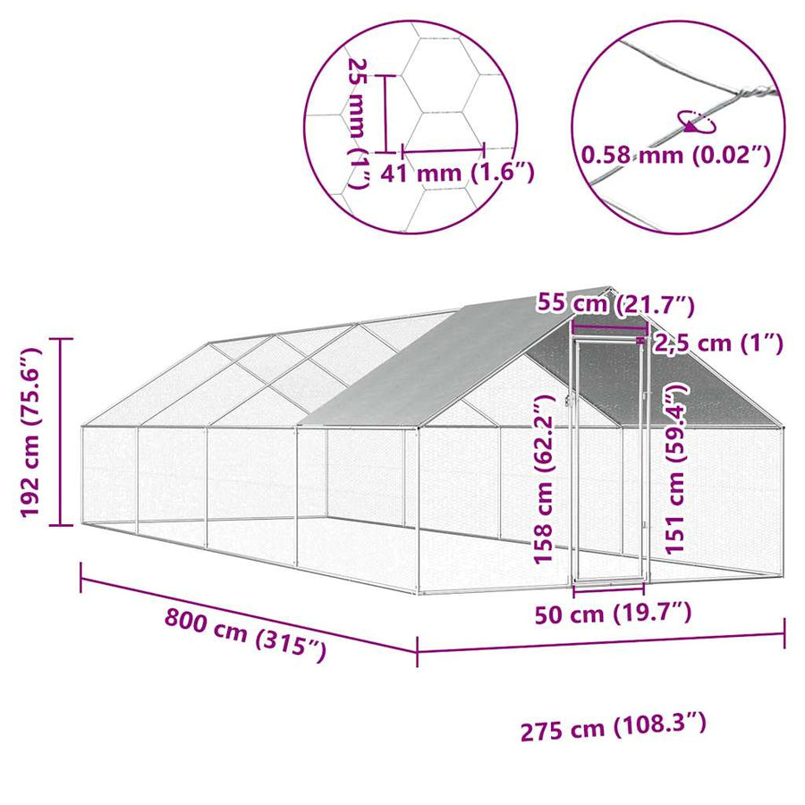 Outdoor Chicken Cage 2,75x8x1,92 m Galvanised Steel