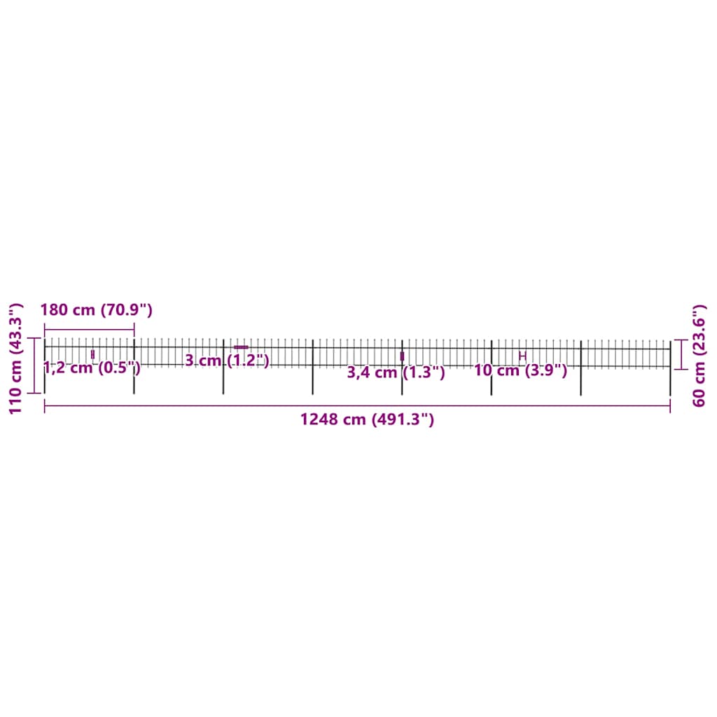 Garden Fence with Spear Top Steel 1248x60 cm Black