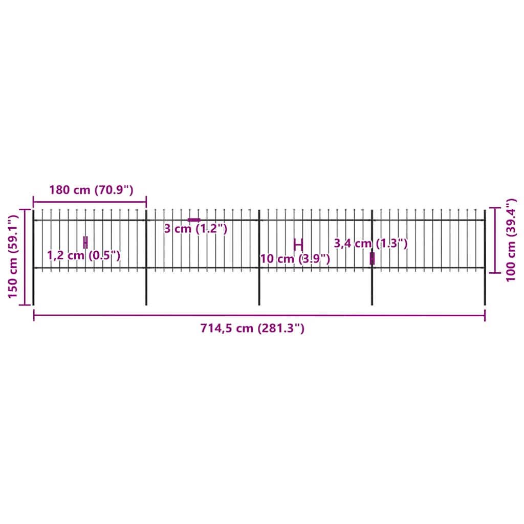 Garden Fence with Spear Top Steel 714.5x100 cm Black