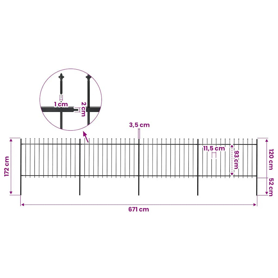 Garden Fence with Spear Top Steel 671x120 cm Black