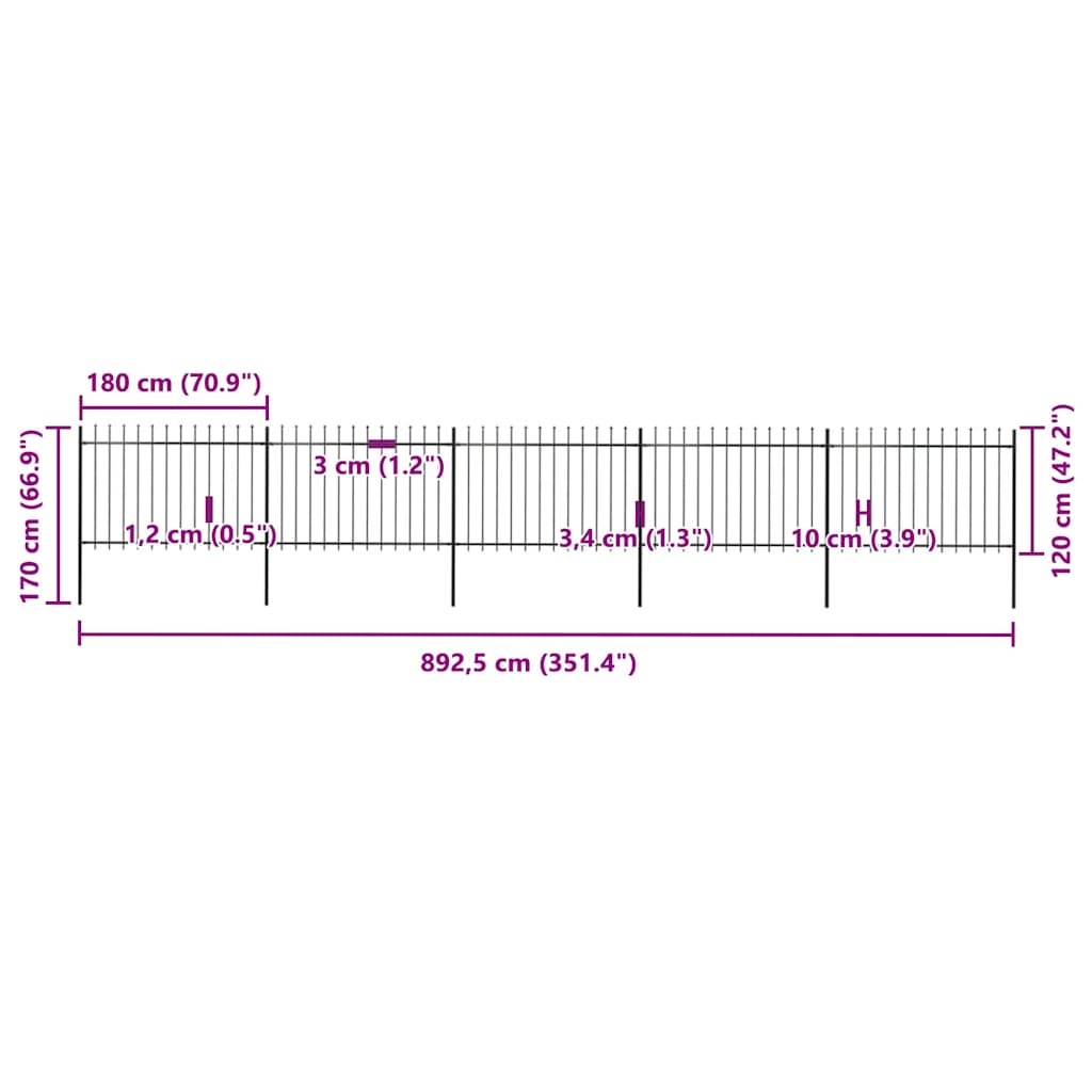Garden Fence with Spear Top Steel 892.5x120 cm Black