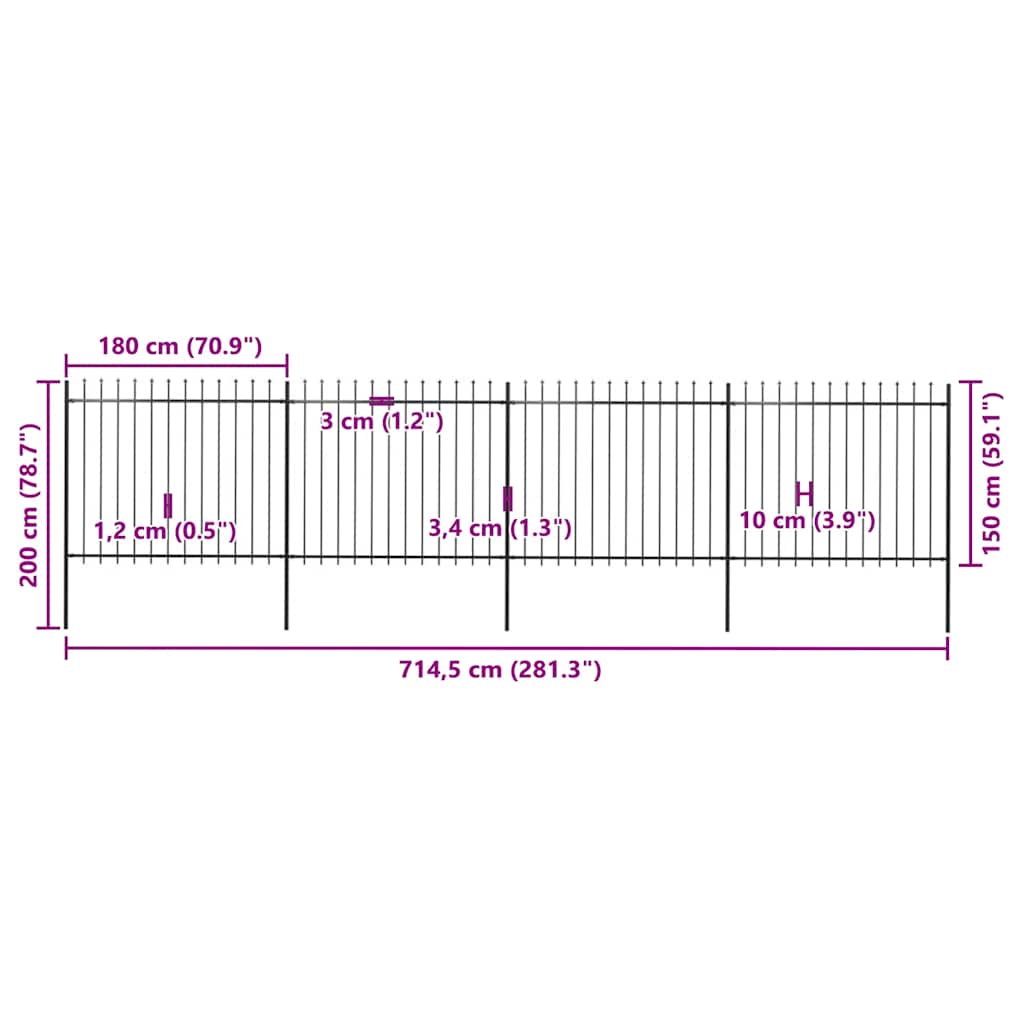 Garden Fence with Spear Top Steel 714.5x150 cm Black