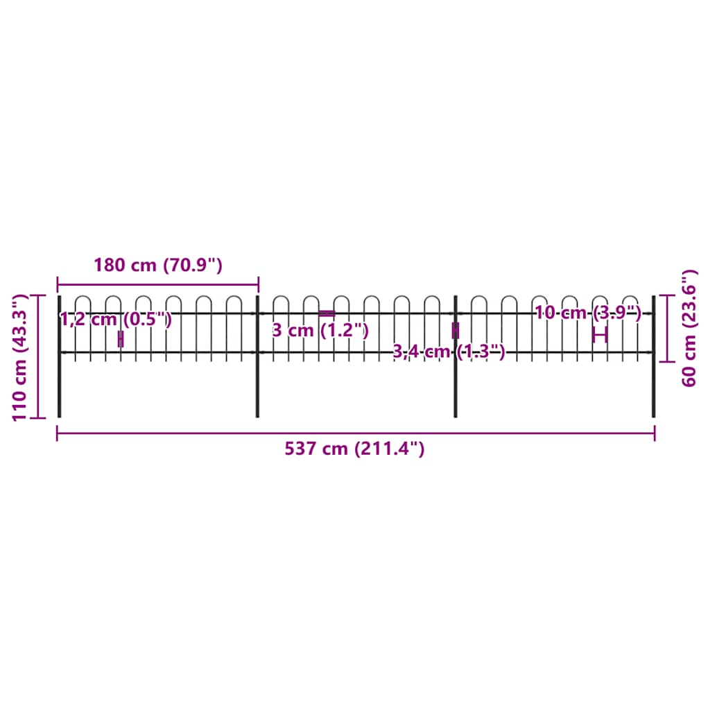 Garden Fence with Hoop Top Steel 537x60 cm Black