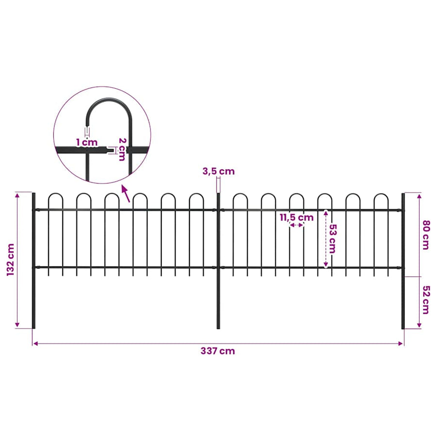 Garden Fence with Hoop Top Steel 337x80 cm Black