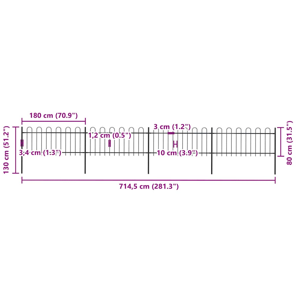 Garden Fence with Hoop Top Steel 714.5x80 cm Black